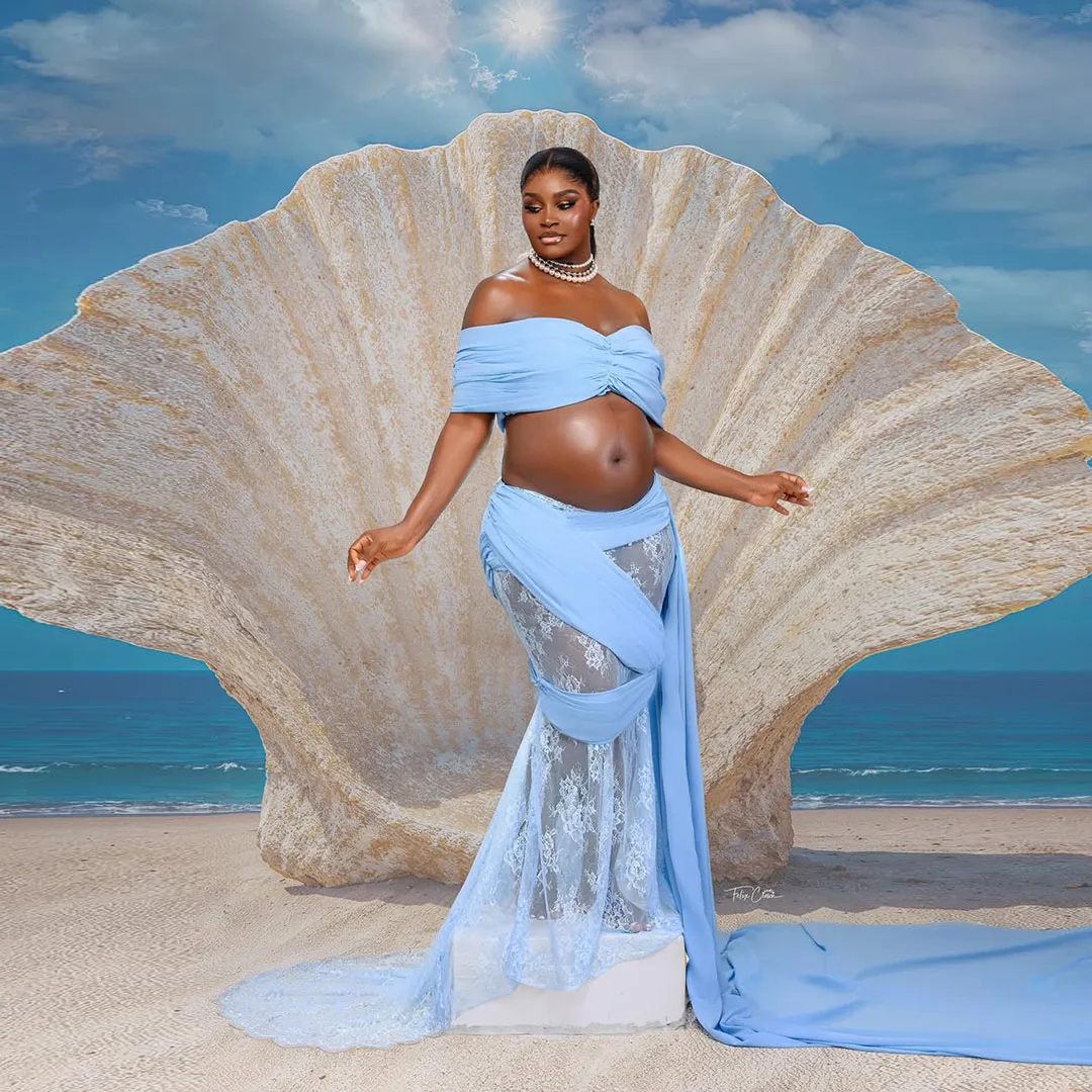 

Elegant Two Piece Maternity Dresses Off The shoulder Chiffon Short Top And Lace Mermaid Pregnancy Skirts To Photo Custom Made