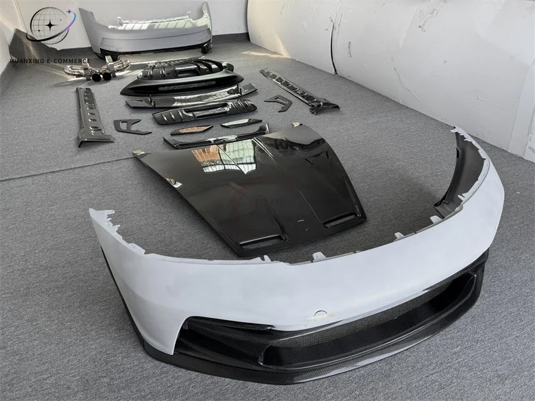 Upgrade GT3 Style Semi-carbon Fiber Front Bumper Rear Bumper Side Skirt Rear Spoiler Hood Exhaust Pipe Body Kit For Porsche 992