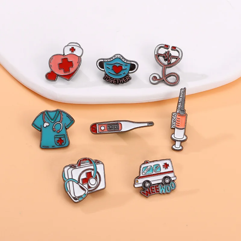 Doctor Nurse Supplies Enamel Brooches Needle Respirator Thermometer Stethoscope Ambulance Medical Kit Cloth Hat Shaped Pins