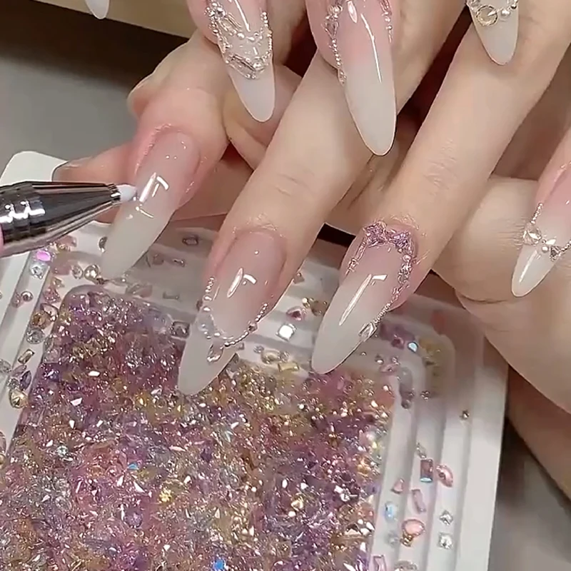 50/100Pcs Mixed Mini Dazzling Zircon Nail Rhinestone 1/2/3/4mm Aurora Oval/Sequare Nail Diamond Sharp-Bottom Micro Nail Crystal