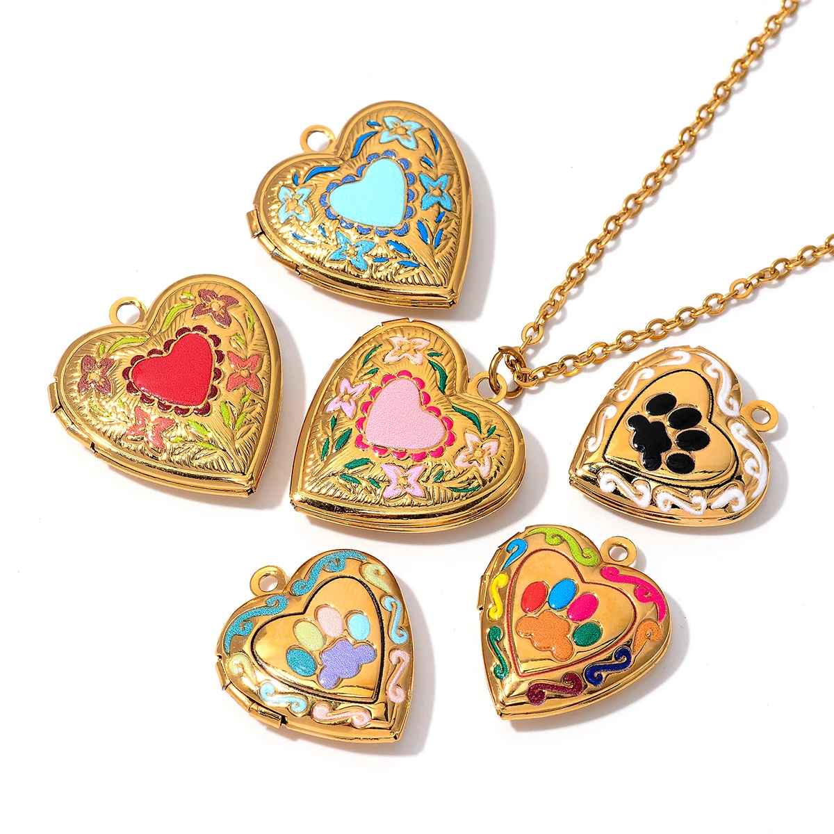 Großhandel 4 Stück/Set Emaille Bunte Fotorahmen-Medaillon-Anhänger Edelstahl Herz-Charms für Schmuckherstellung DIY-Zubehör – Detail 5