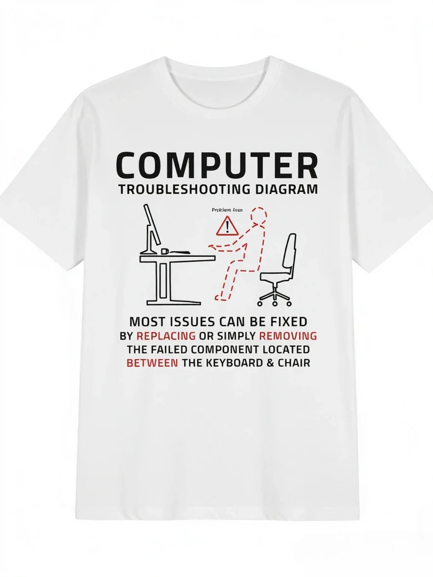 Funny Computer Troubleshooting Diagram IT Tech Joke Print T-shirt Men Women Programmer Nerd Graphic Short Sleeve Tees