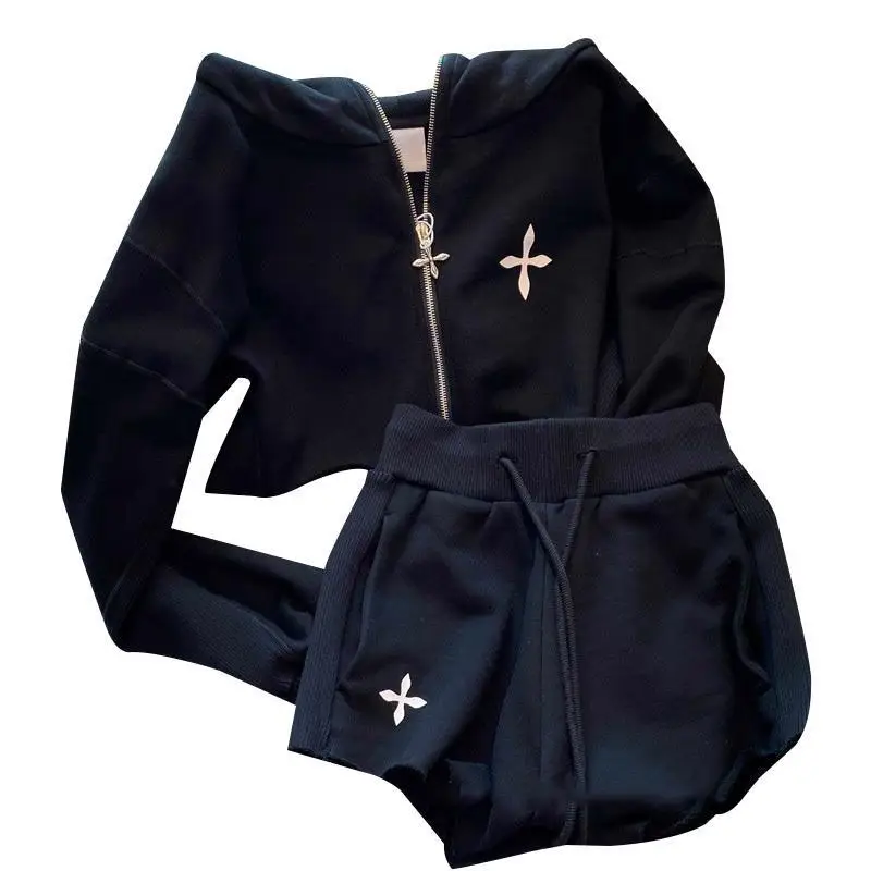 New casual sports hooded sweatshirt set shorts fashio high street all cotton two piece sets womens outifits y2k streetwear