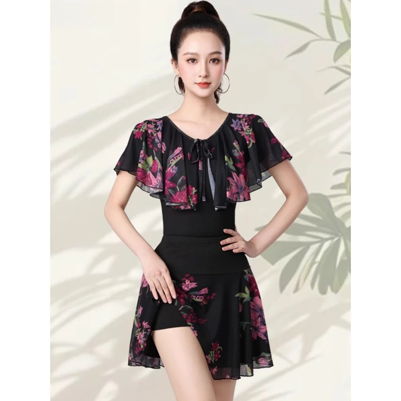 라틴 댄스 의상 메쉬 프린트 반소매 스커트 슈트 우아한 댄스 의상 여성 파티 드레스 국가 표준 연수회