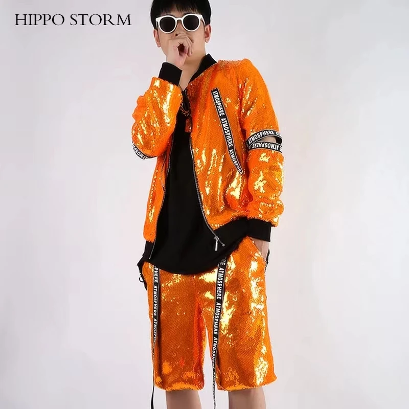 Shiny Orange Sequin Stage Jacket Patchwork Jacket Hip-hop Bar Nightclub Male Singer Leading Dancer Performance Suit