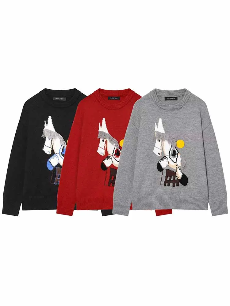 

HH Woman Early Spring Versatile Long Sleeves Round Neck Embroidery Pony Pattern Knitting Pullover Female Casual Loose Sweater