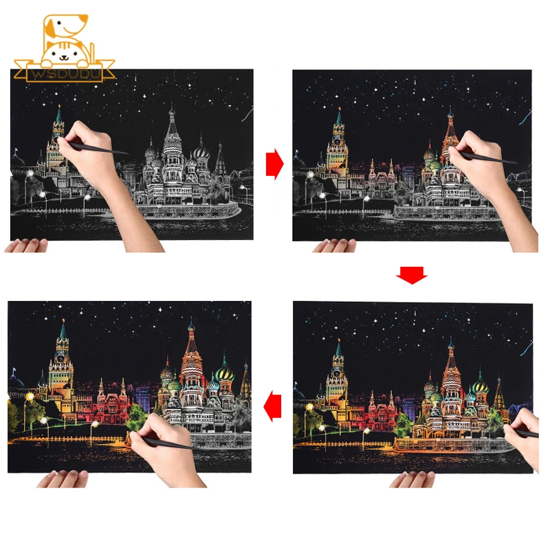 2PCS Scratch Paper Magic Painting Kit Art Night Scene World Landmarks Animals Drawing Toys with Pen Crafts Card Game Adult Gifts