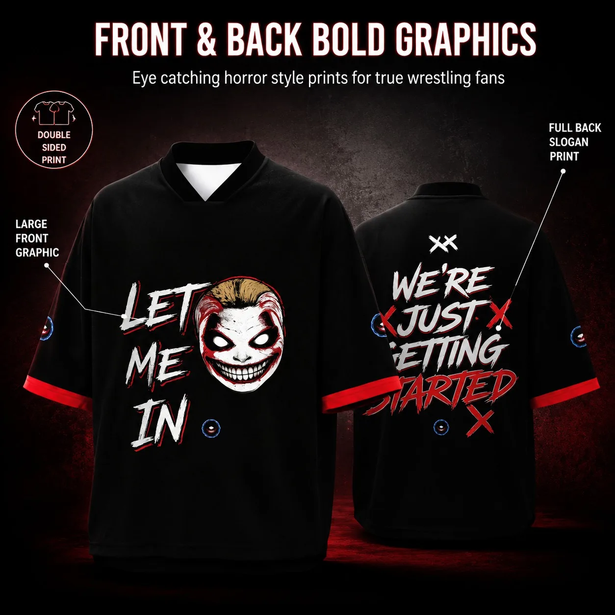 Black Let Me In Wrestling Jersey Horror Clown Print V Neck Loose Short Sleeve Red Cuff Unisex Oversized Double Sided Fan Top