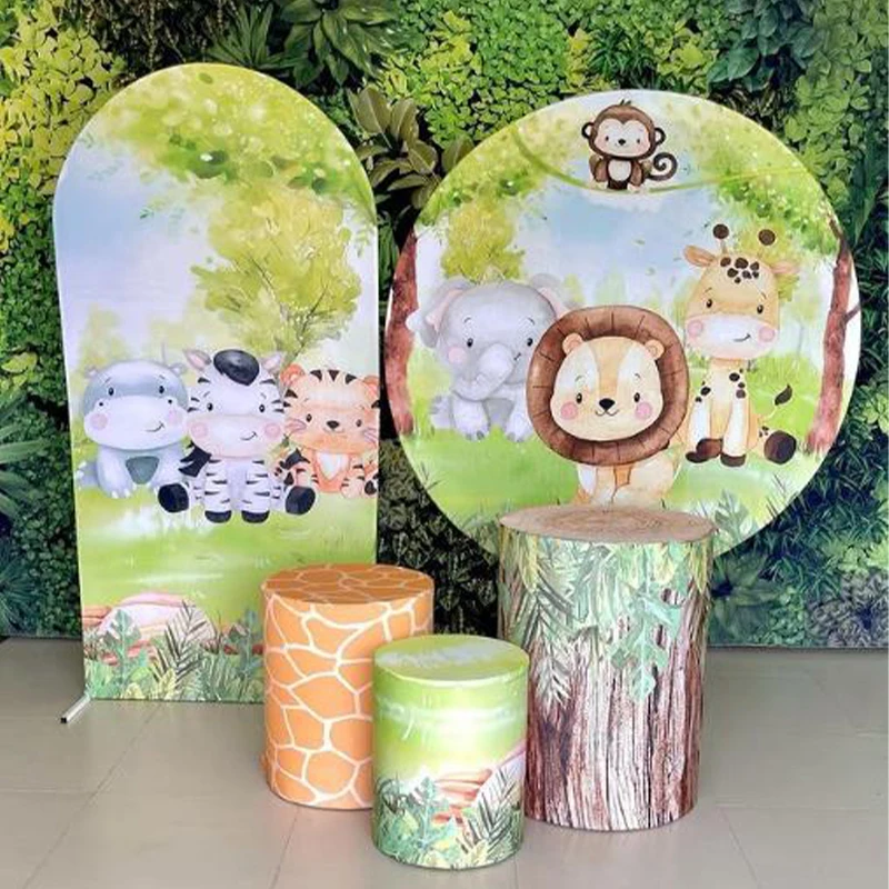 Round Backdrop Cover Forest Jungle Safari Baby Wild One Birthday Photo Background Baby Shower Arched Wall Backdrops Elastic