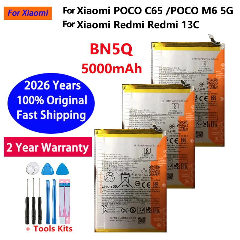 

2026 Years 100% Original BN5Q For Xiaomi Redmi 12C / Redmi 13C 23124RN87C Mobile Battery Replacement Batteries Fast Shipping