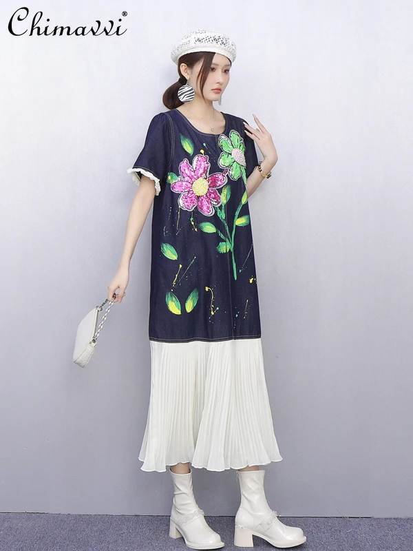 2025 ฤดูร้อนเสื้อผ้าชุดสตรีใหม่แฟชั่นหลวมขนาดใหญ่อุตสาหกรรมหนักลูกปัดเย็บปักถักร้อยElegantความยาวกลางเสื้อยืดชุด