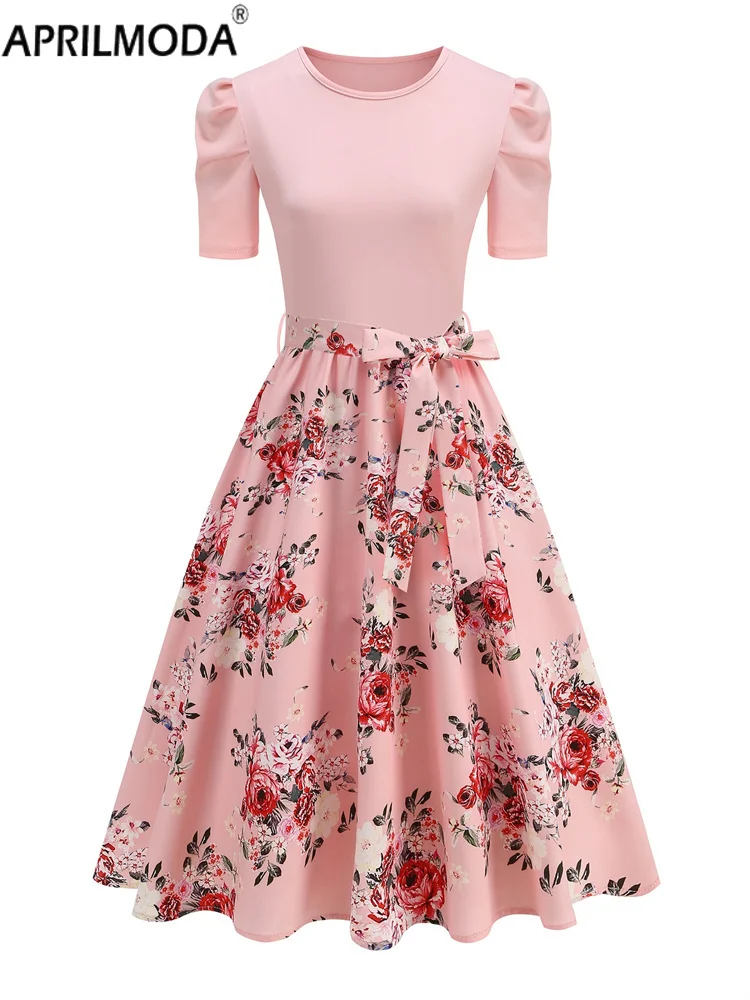 Elegante rosa floral impressão retalhos verão retro vintage vestido de manga curta doce uma linha pista pinup férias alargamento vestidos 2025