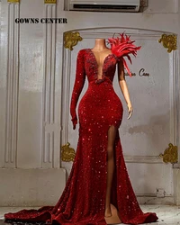 Elegant African Red Gloves One Shoulder Mermaid Aso Ebi Evening Dresses Customized Wedding Reception Dress Formal Party Gown