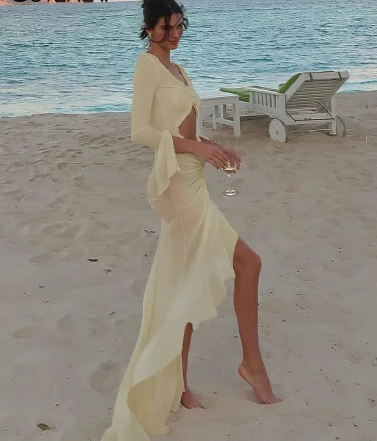 فستان شبكي موجز للنساء، نمط كلاسيكي للعطلات، بأكمام طويلة، رداء غير متماثل، ملابس نسائية أنيقة