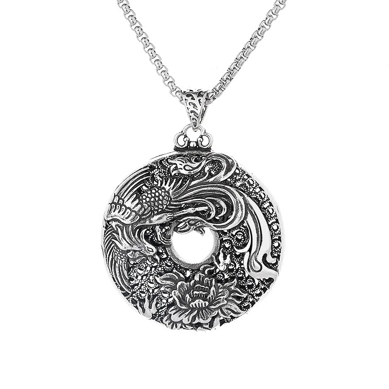 Vintage Dragon Phoenix Safety Bucklet Necklace For Men Worn Dyed Black Hollowed Pendant Male 925 Silver Chain Necklace Amulet