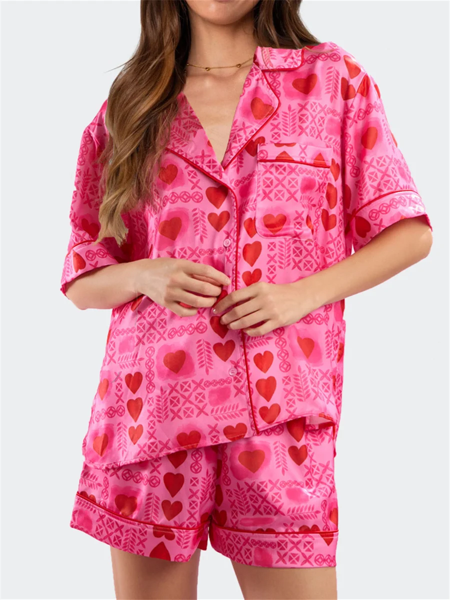 Womens Valentine's Day Pajamas Silk Satin Short Sleeve Tops Y2k Cute Love Heart Print Shorts Pjs Set Teen Girl Sleepwear