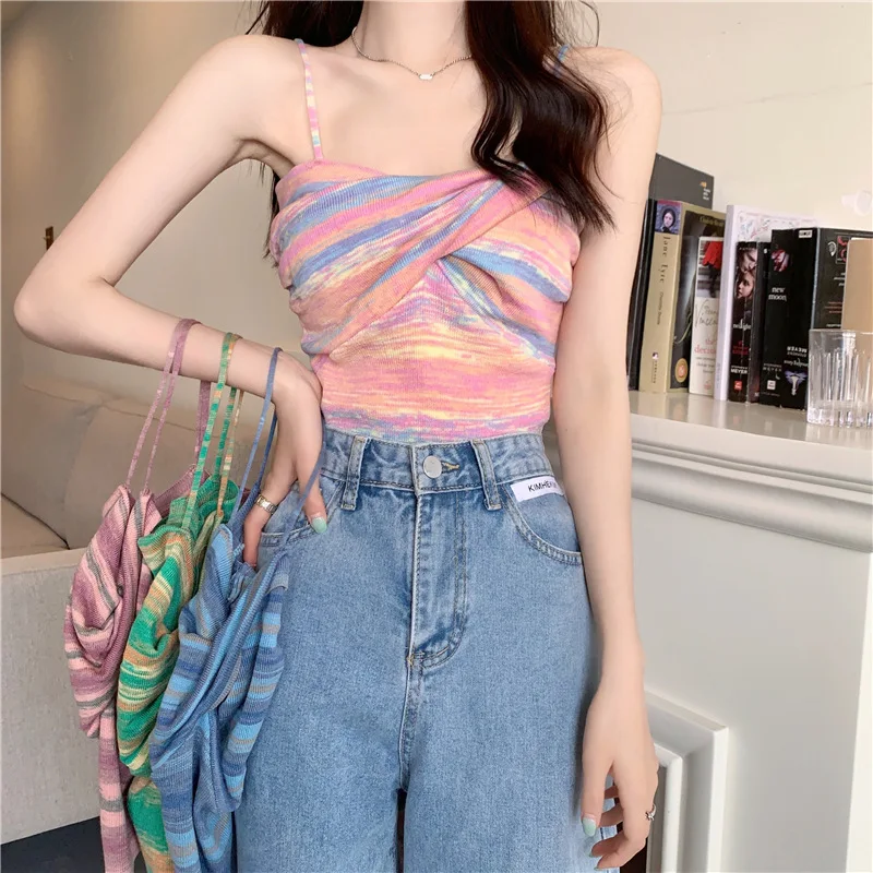 JIAYAN 2025 Crop Tops Striped Small Camis Suspender Outer Vest Women's Clothing Summer New Girl Sexy Sleeveless Top