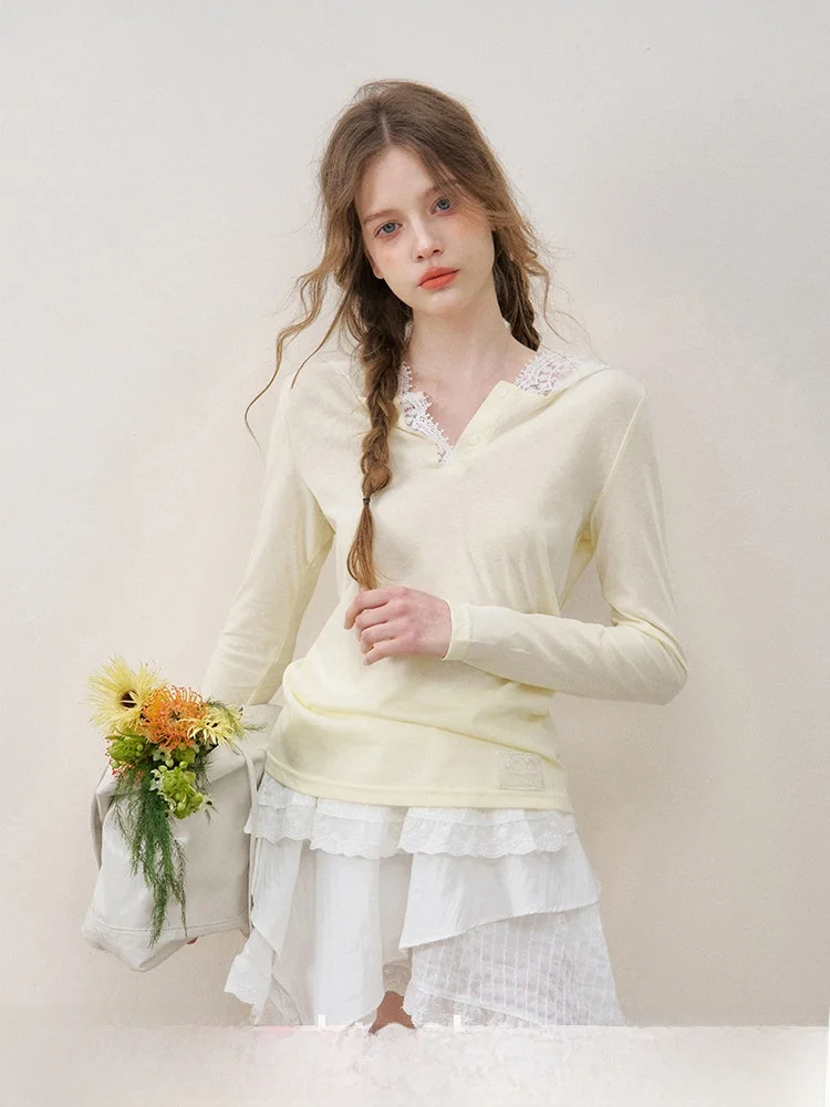 

Kroche Lemon Bubble Long Sve Lace Patchwork Hooded Cover up Air Conditioning irt Women's Casual T-irt Korean Sle Loo...