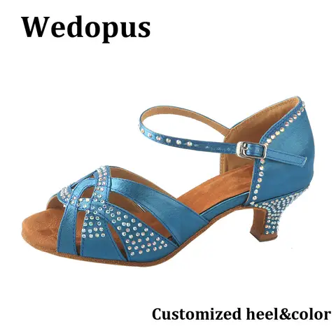Wedopus Low Hills 댄스 신발 라인 석 스웨이드 단독 라틴 댄스 샌들 라이트 블루 여성 신발 Dropshipping
