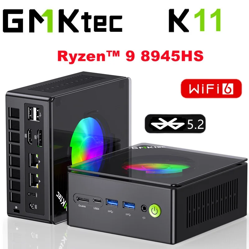 GMKtec K11 MINI PCRyzen 9 8945HS Windows 11 PRO DDR5 5600Mhz NVME PCIE4.0 Quad Screens Display TDP 70W Oculink Port Dual USB4.0