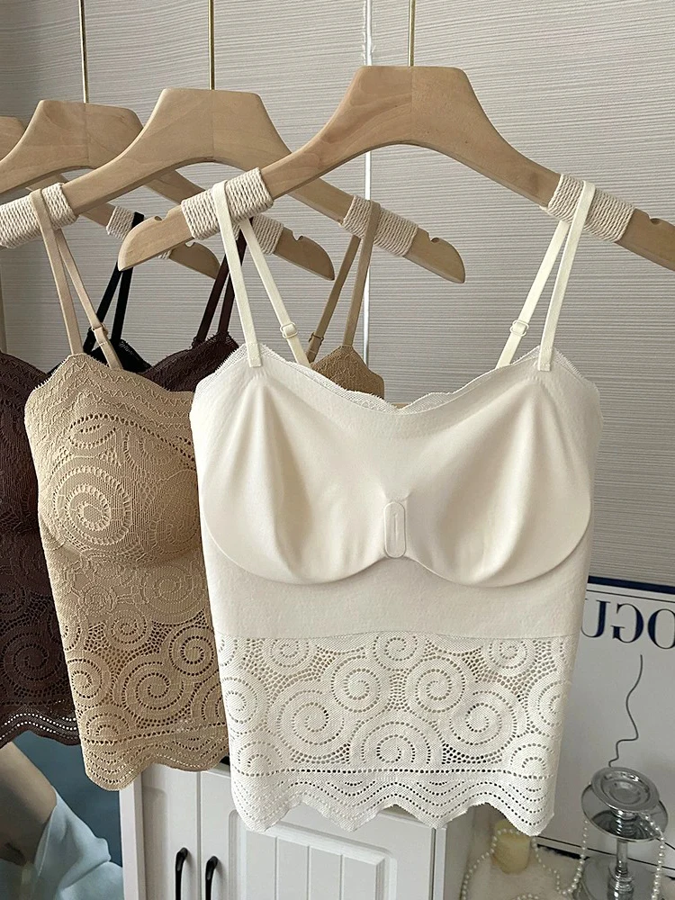Lace Backless Crop Top Women's Outerwear with Chest Pad Bra Integrated Inner Wear Small Chest Gathered Base Sexy Underwear