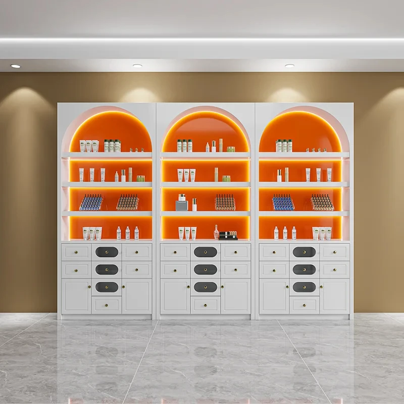custom.Luxury Standing LED Cosmetic Display Stand Wooden Modern Glass Back Retail Use Multifunctional Customiz