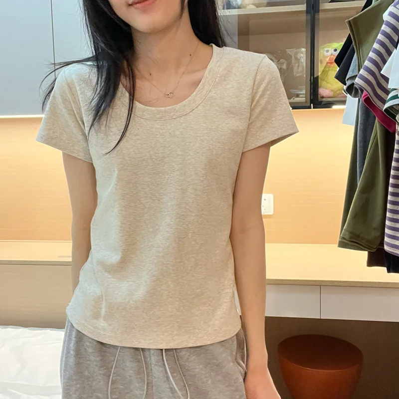 

Open Collarbone U-Neck Beautiful Top Slim Fit Cotton Gray Short Sleeved Base Shirt New Solid Color