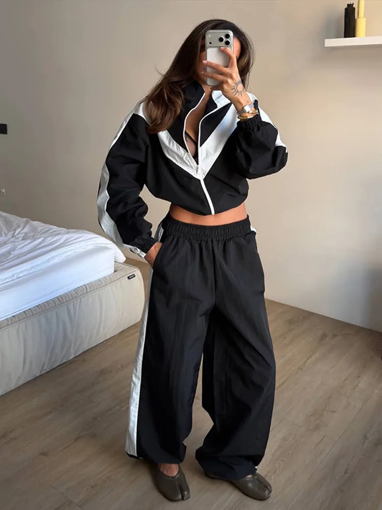 Zipper Short Panelled Women's Suits Long Sleeve Loose Wide Leg Pant Lady Spring Autumn High Street Fashion Casual Sets 2026