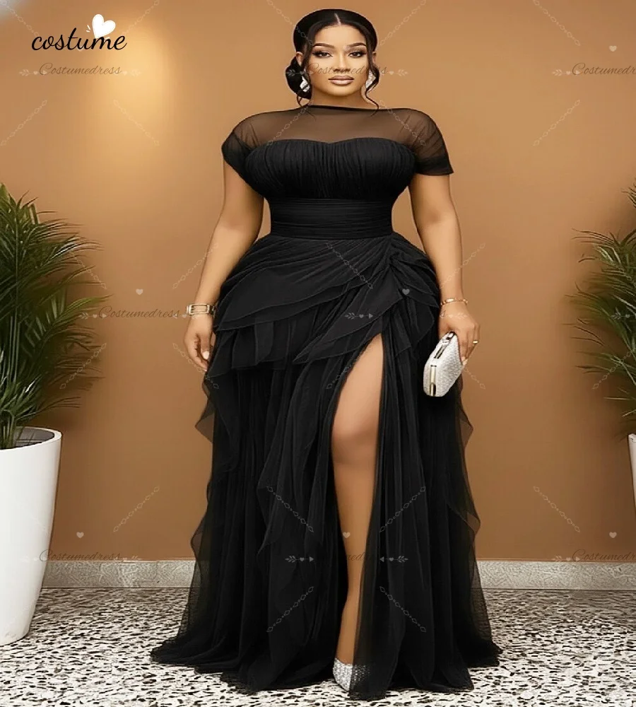 魅力的なレモングリーンの人魚風イブニングドレス2026半袖チュールプラスサイズプロムドレス黒人女性ハイ スリットダンス誕生日