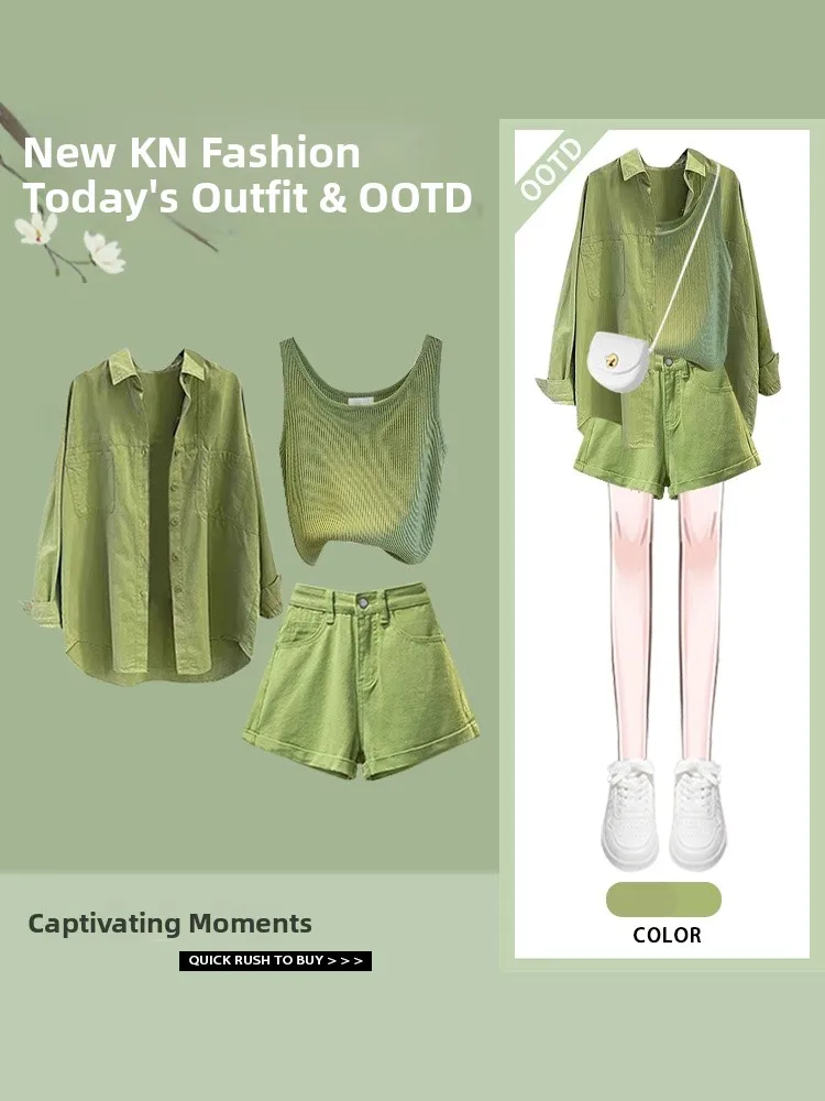 

Mint Green Anti-Uv Women's Shirt Spring Summer Three-Piece Set Inner And Outer Wear Tank Top Shorts Fashionable Anti-Uv Clothing