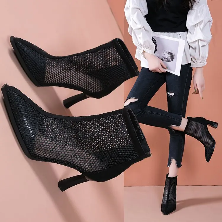 2023 Summer New Sexy Pointed Toe Thick Heels High Heels Women Baotou Hollow Breathable Mid-top Rear Zipper Women\'s Sandals boot