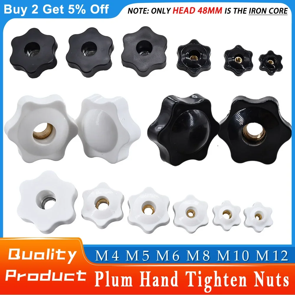 

10/5Pcs Black White Plum Hand Tighten Torx Thumb Knob Nut Clamping Knob Handle Hand Mechanical Star Nuts M4 M5 M6 M8 M10 M12