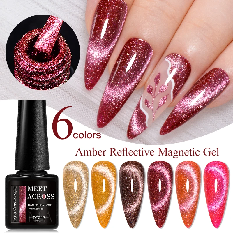 MEET ACROSS 6Pcs/Set Amber Reflective Cat Magnetic Gel Nail Polish Autumn Glitter Brown Coffee Series Nail Art UV Gel For Nails - Image 4
