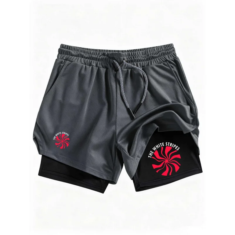 

Men'S Y2K Short Stretch Pants Loose Fit Sprint Training Mesh 2-In-1 The White Stripes Print Running Trousers