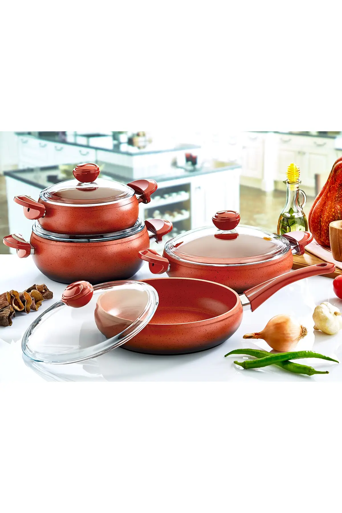 

DOLBOVI 7 piece granite globe pot glass lid with red Cookware Set