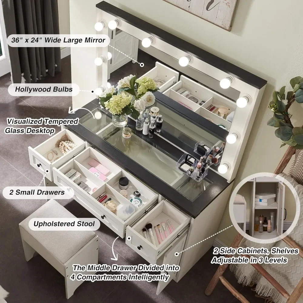 Farmhouse Vanity Desk with Makeup Mirror - Ample Storage Space with 3 Drawers & 2 Cabinets - Detachable Light Bulbs, Stool