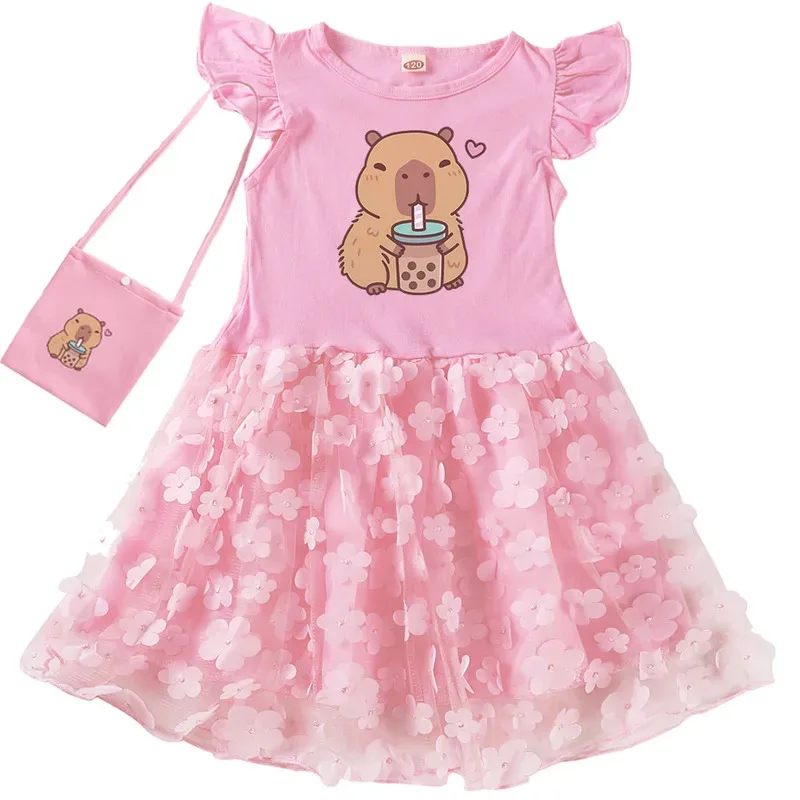 111 www فستان ملابس قطنية للأطفال لطيف كابيبارا مطبوع من الدانتيل فساتين الأميرة للفتيات الصغيرات هدية حفلة عيد ميلاد