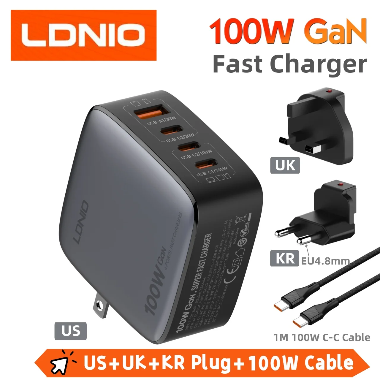 LDNIO 100W oplader Gan snellader usb c Type C laadstation Telefoon Tablet Laptop Macbook Draagbare oplader EU UK US telefoonaccessoires