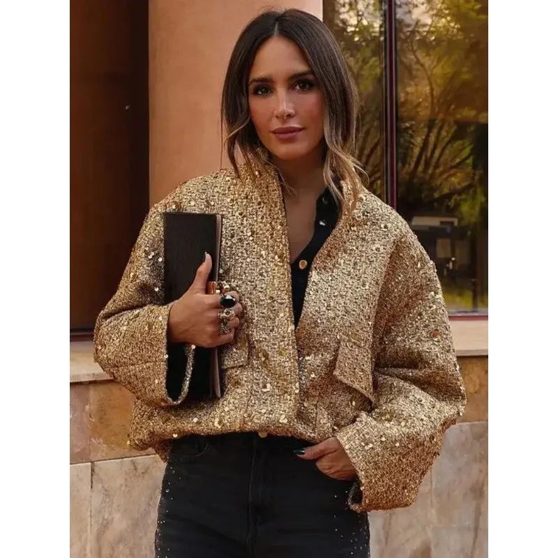 Gold Sequin Tweed Jacket Mandarin Stand Collar Hidden Snap Button Pocket Loose Cropped Elegant Party Outerwear Winter Coat