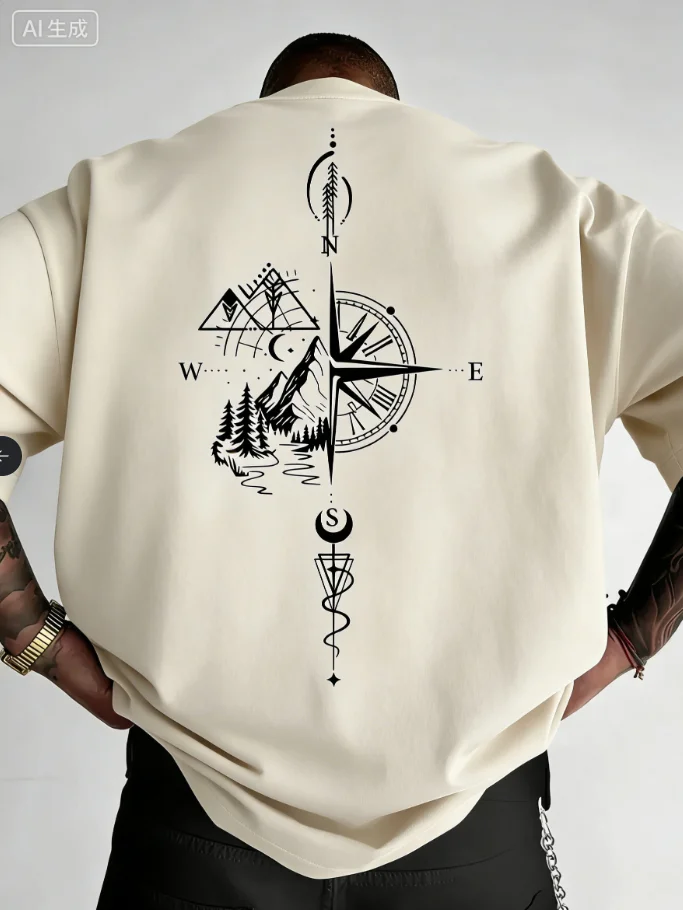 Spring/Summer Geometric Pattern and Mountain Shape Pattern Men's 100% Cotton T-Shirt - Trendy Top