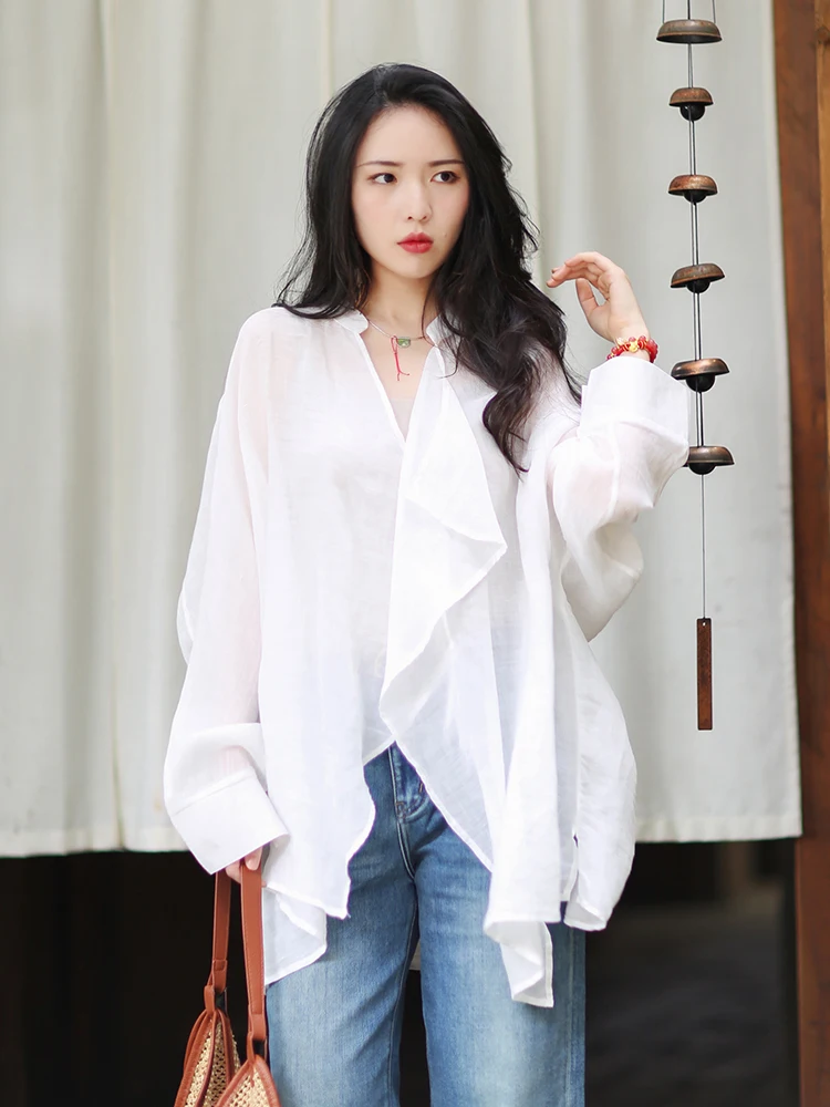 

Ultra Loose Linen Shirt Women's V-Neck Long Sleeve Breathable Comfortable Slips-On Casual Loose Style Fashion Spring New