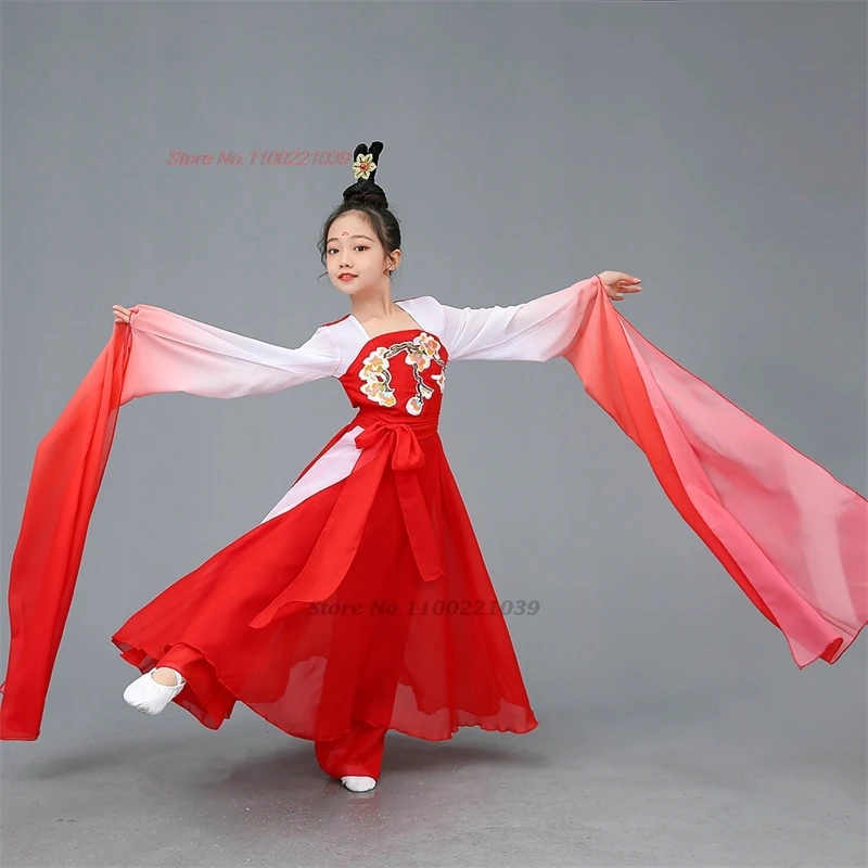 2025年 伝統的な中国の子供たちのダンス衣装 花刺繍漢服ドレス レトロなステージパフォーマンスドレス 古代の民族舞踊