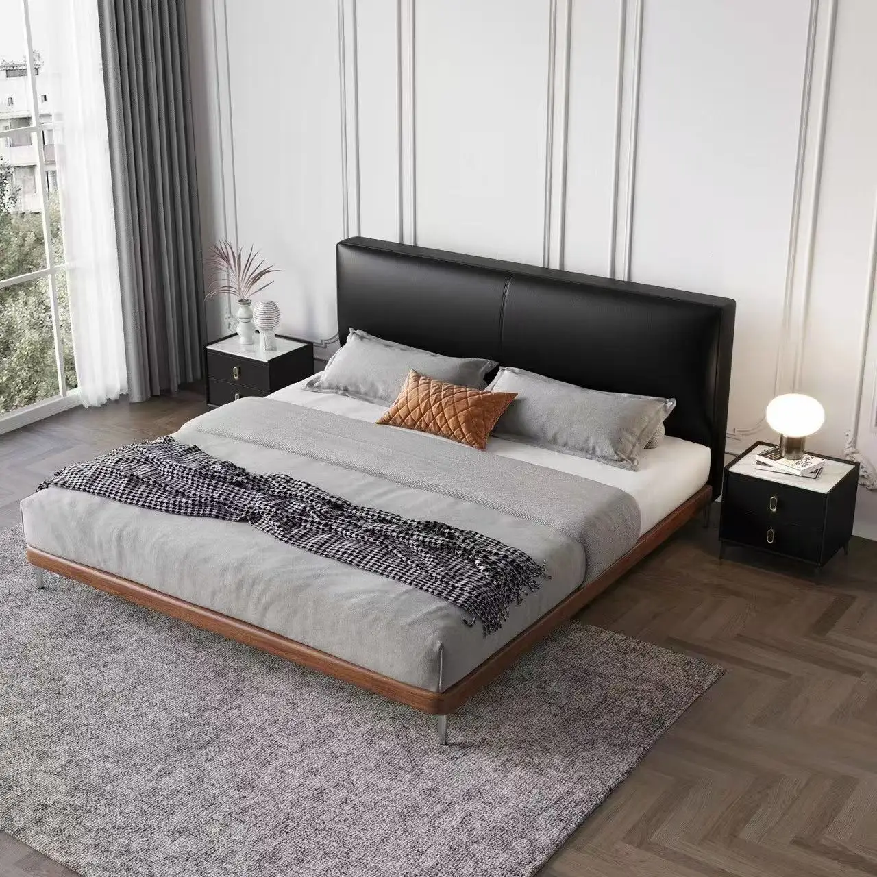 Medieval wind bed tofu block leather modern minimalist black double bed high PC and console game sleeping soft bag