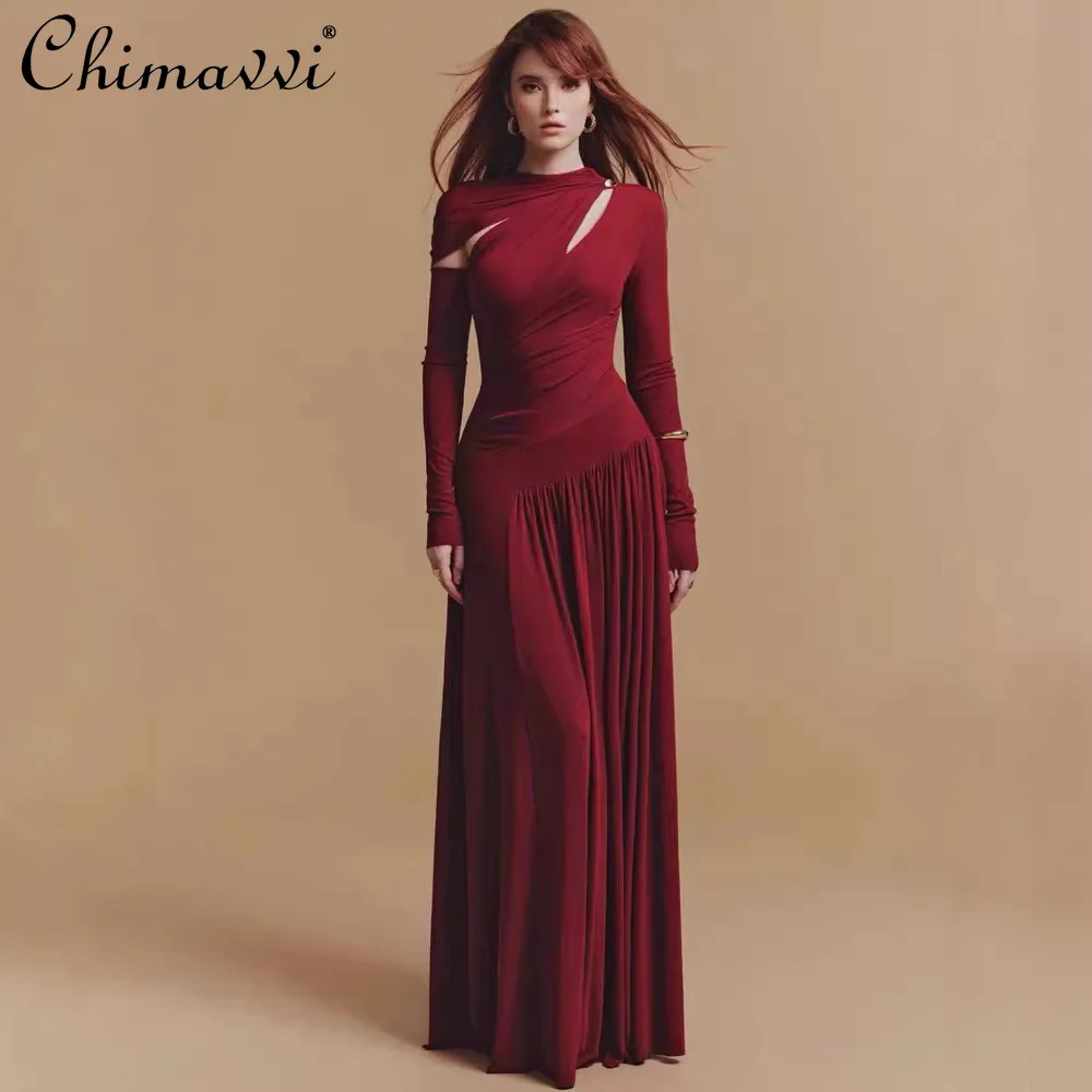 

French Elegant Temperament Hollow Pleated Round Neck Long Sleeve High Waist Slim A-line Red Long Evening Dress Women 2026 Spring