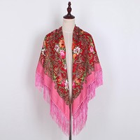 Women Lady Muslim Folk Custom Print Tassel Square Scarf Wrap Shawl Travel Scarve Ethnic Silk Scarf For Hair Wrapping At Night