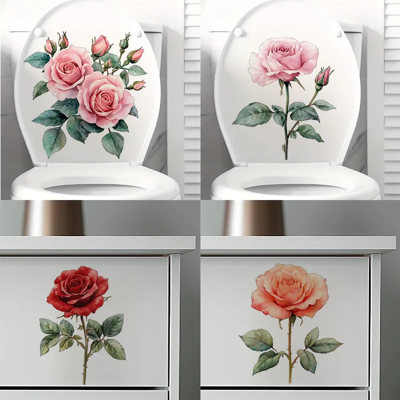 Watercolor Roses  Self-Adhesive Toilet Stickers,Wall Decal Removable, Reusable Vinyl Car Sticker for Toilet Lid, Bathroom Decor