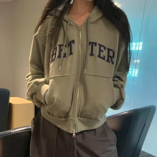 

Korean Sle Baby Sauce 2025 Autumn Double Zipper Long Sve Letter Jaet Hooded Versatile Regular Thin ort Outerwear