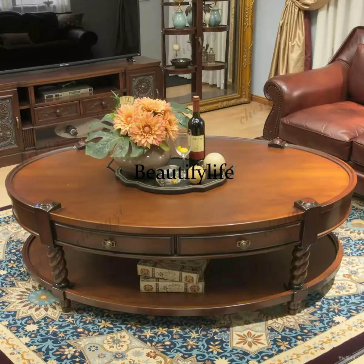 American retro solid wood coffee table carved Roman column oval storage drawer living room furniture