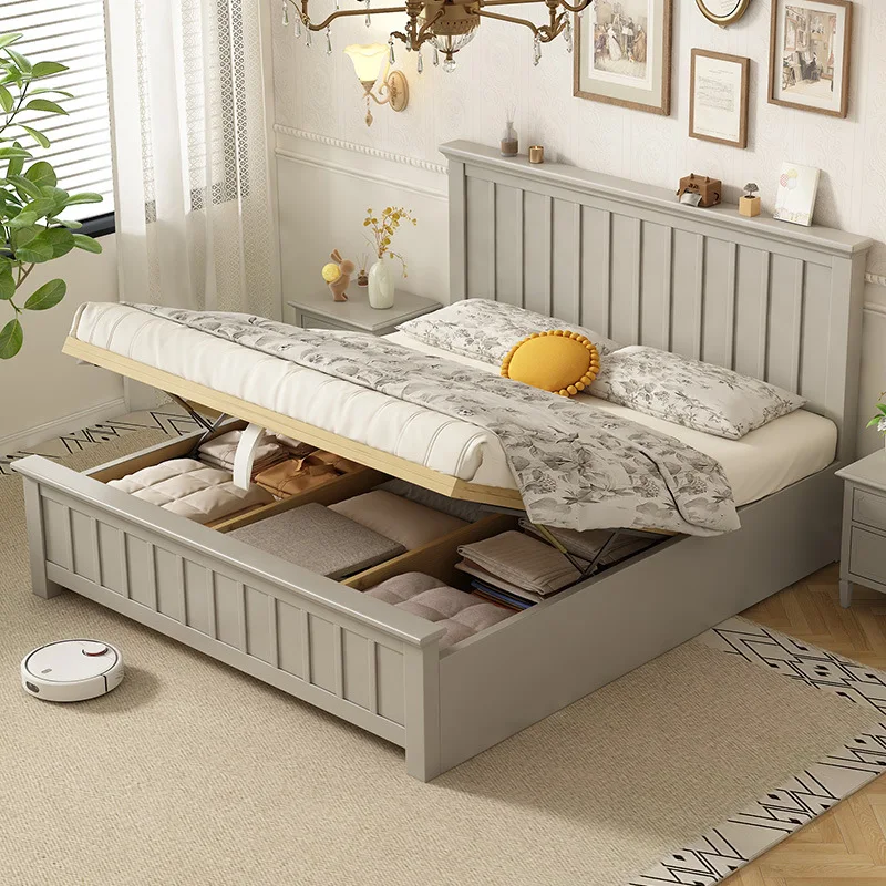 French solid wood bed frame, air pressure high box storage bed