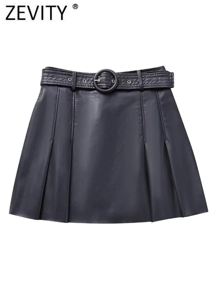 Zevity Women Fashion Solid Color Wide Pleats Faux Leather Mini Skirt Faldas Mujer Female Chic Side Zipper Belt Vestidos QUN5503